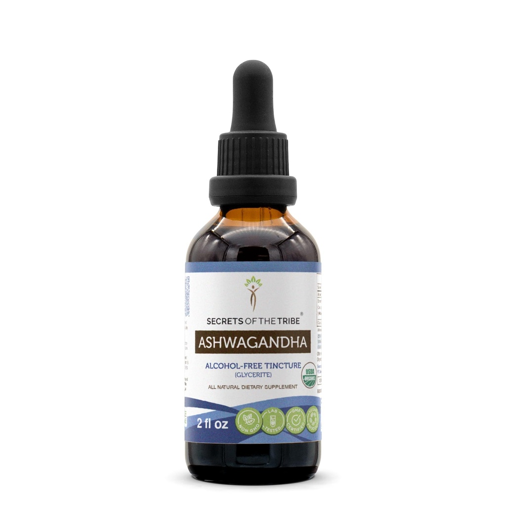Secrets of the Tribe Ashwagandha USDA Organic Tincture Alcohol-Free Extract, Ashwagandha Withania Somnifera Anti-Stress and Relaxation (2 FL OZ)