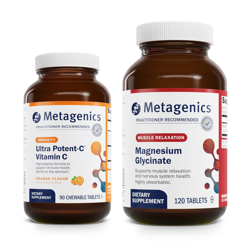 Metagenics Bundle - Ultra Potent-C Chewable & Magnesium Glycinate - 90 Tablets of Ultra Potent-C Chewable for Immune & Antioxidant Support - 120 Tablets of Mag Glycinate for Nervous System Support