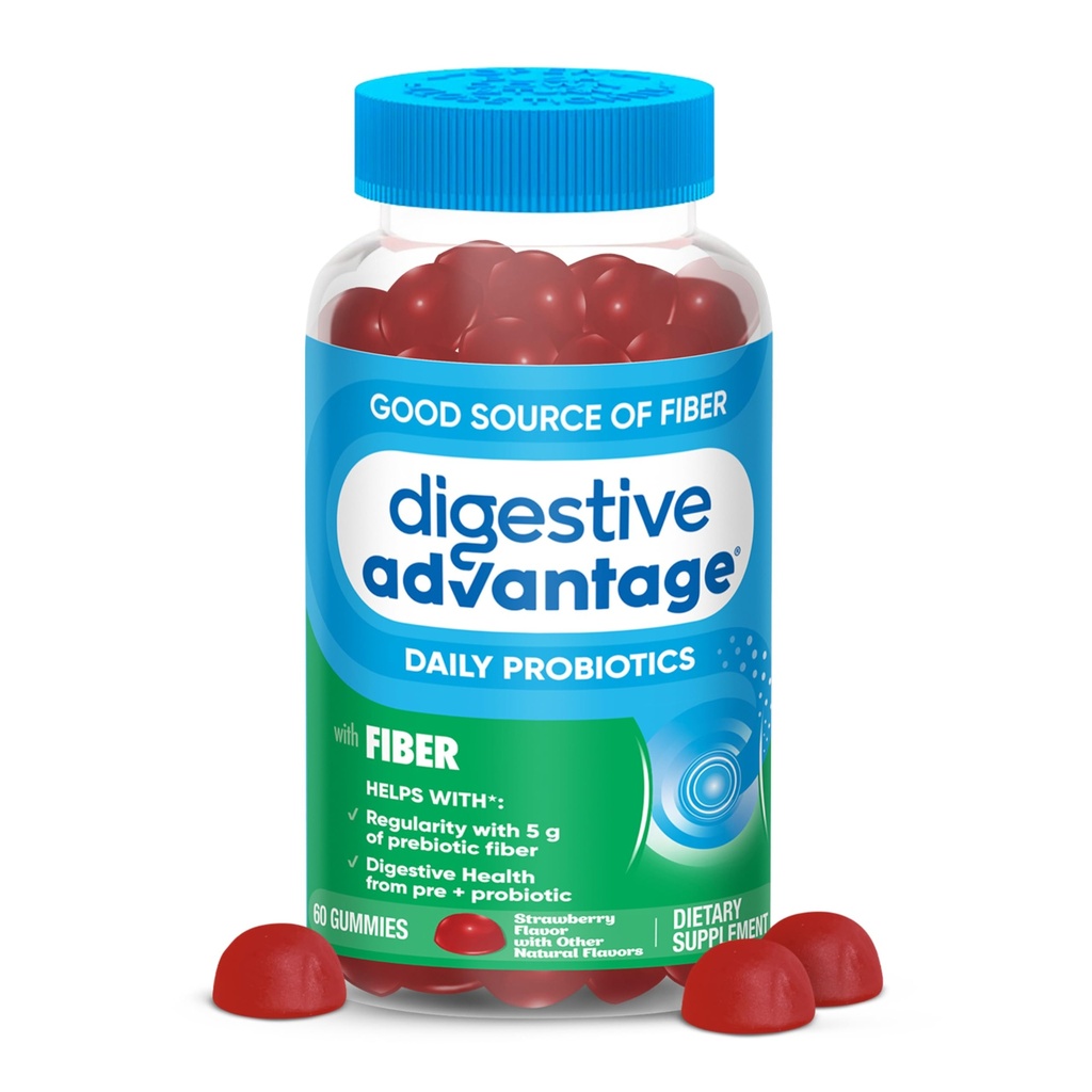 Digestive Advantage Prebiotic Fiber Gummies + Probiotics for Digestive Health, Daily Gummies for Women & Men, Digestive Supplement for Regularity & Gut Health, 60ct Strawberry Flavor