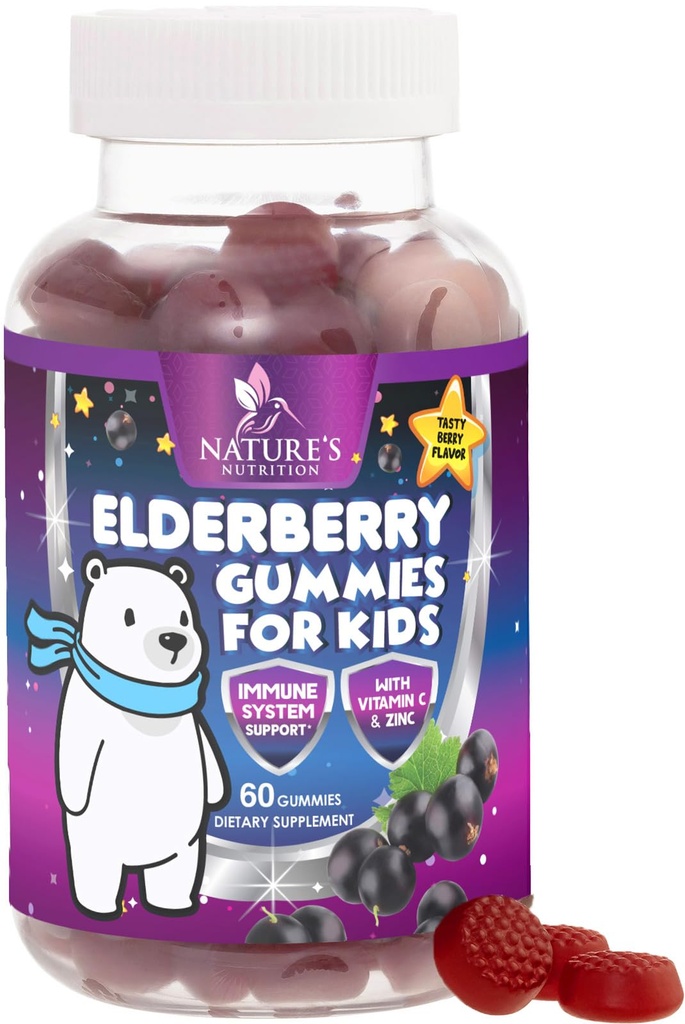 Kids Immune Support Elderberry Gummies - Daily Children's Vitamins C, Zinc & Kids Support Gummy - Nature's Sambucus Elderberry Supplement, Vegan, Gluten-Free, Tasty Berry Flavor - 60 Gummies