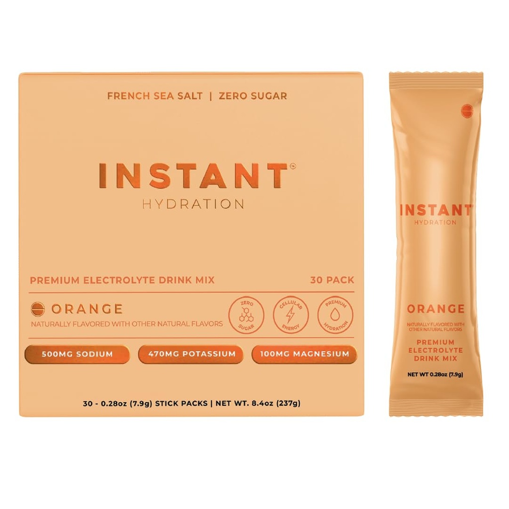 Instant Hydration Electrolytes Powder Packets - Citrus Orange Drink Mix - Zero Sugar - Keto, Vegan, Gluten-Free, Non-GMO - Boost Recovery, Brain Health, Muscle & Tissue Support- 30 Sticks