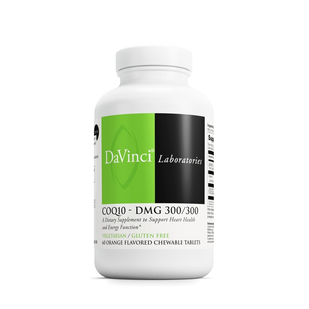 DAVINCI Labs CoQ10 - DMG 300/300 - Supports Heart Health and Energy Function - Dietary Supplement with Coenzyme Q10 & Vitamin E - Vegetarian - Gluten-Free - 60 Orange Flavored Chewable Tablets