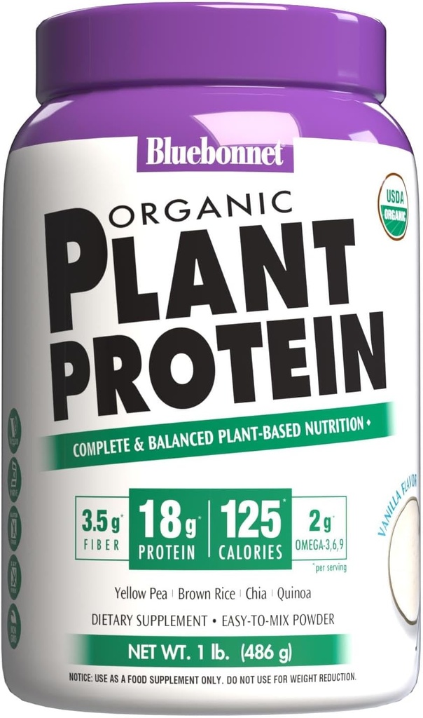 Bluebonnet Nutrition Organic Plant Protein - 18g Protein, 3.5g Fiber – Chia, Quinoa & More - Non-GMO, Vegan, Kosher, USDA Organic, No Sugar Added – Free of Gluten, Soy & Milk - 1 LB, Vanilla Flavor