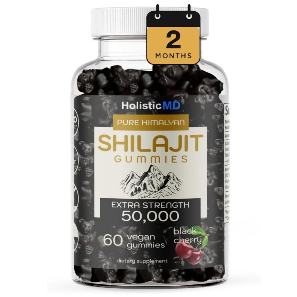 Shilajit Gummies for Men Women Pure Himalayian Extra Strenght 50,000 Resin for Metabolism Support Ashwagandha Siberian Chaga | 2 Months Supply Vegan Keto Friendly Cherry 60 Gummies