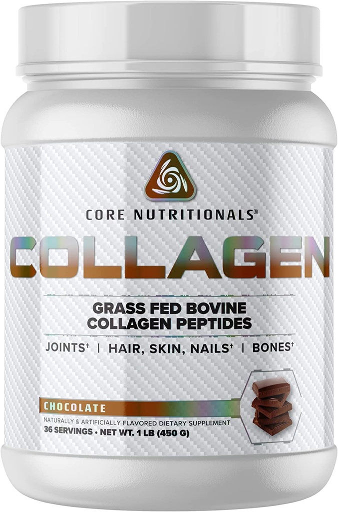 Core Nutritionals Hydrolyzed Collagen Peptides | Type I & III from Grass Fed Bovine | Hair, Skin, & Nails | Bone & Joint Support | 1 Pound (Chocolate)