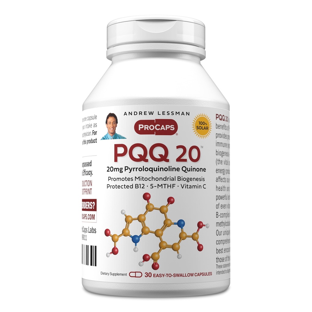 ANDREW LESSMAN PQQ 20mg - 30 Capsules - 20mg Pyrroloquinoline Quinone, Natural Protective Compound Supports Vital Organs, Heart, Brain, Liver, Immune System. Mitochondrial Biogenesis, No Additives