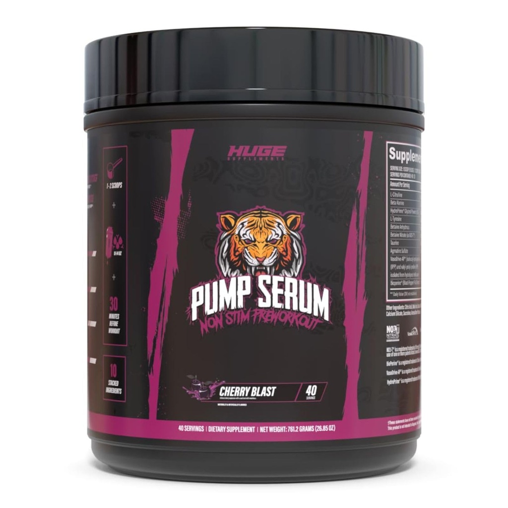 Pump Serum Non-Stim Pre-Workout For Pumps, Performance, Vascularity & Fullness - Most Stacked Stim-Free Pre Workout with No Caffeine, L-Citrulline, HydroPrime, L-Tyrosine (Cherry Blast)