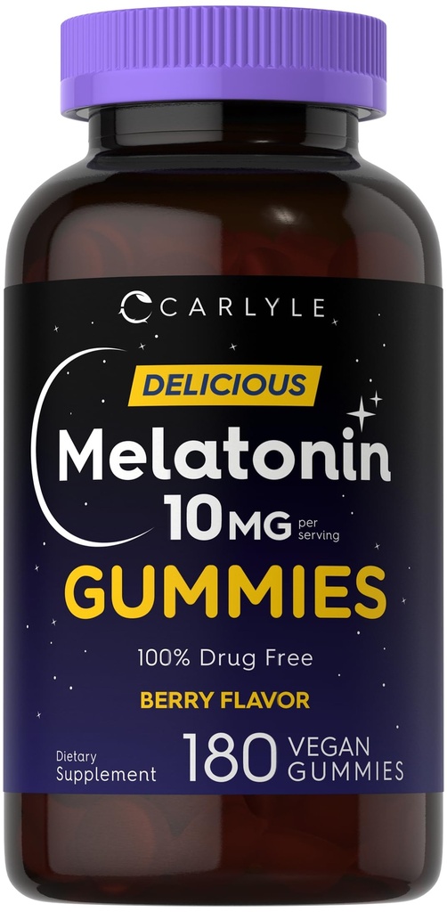 Carlyle Melatonin Gummies 10mg | 180 Count | Adult Drug Free Aid | Berry Flavor | Vegan, Non-GMO, Gluten Free Supplement