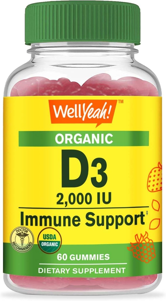 WellYeah Organic Vitamin D3 2,000 IU (50 mcg) Gummies - Supports Bone, Muscle Strength and Immunity - Non-GMO, Gluten Free - USDA Organic - Natural Flavors - 60 Gummies