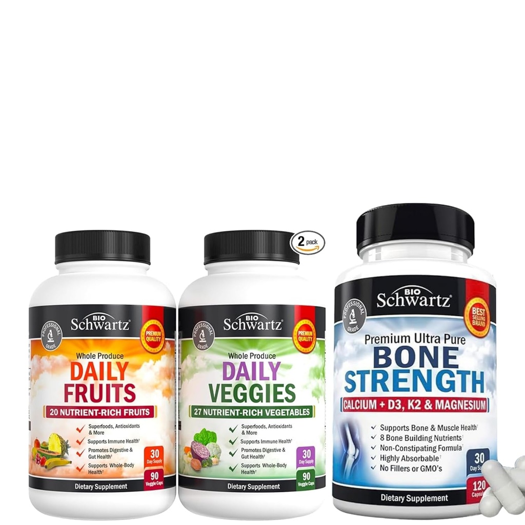 BioSchwartz Daily Fruits and Veggies Supplement for Women and Men (1 Month Supply) Plus Bone Strength Mineral Supplement with Calcium and Magnesium (1 Month Supply)