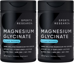 Sports Research® Magnesium Glycinate - Suports Restful Sleep & Enzymatic Processes - 160 mg Chelated Magnesium - Liquid Softgel - 120 Count (Pack of 2)