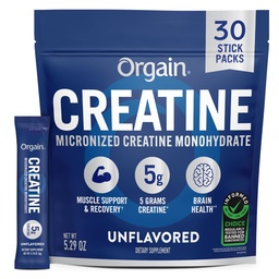 Orgain Creatine Stick Packs, 5g Micronized Creatine Monohydrate Powder, Supports Muscle Growth, Post Workout Recovery & Brain Health, Unflavored, No Artificial Additives, Non-GMO, 30 Servings, 5.29oz