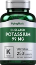 Piping Rock Chelated Potassium Supplement 99mg | 250 Caplets | Potassium Gluconate | Vegetarian, Non-GMO, Gluten Free