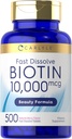 Carlyle Biotin 10,000mcg | 500 Fast Dissolve Tablets | for Hair, Skin, and Nails | Maximum Strength | Vegetarian, Non-GMO, Gluten Free Supplement