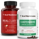 Real Mushrooms RealClarity (60ct) and 5 Defenders (90ct) Capsules Bundle - Mushroom Supplement for Mental Clarity, Focus & Immune Strength - Vegan, Non-GMO, Verified Levels of Beta-Glucans