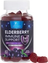 Elderberry Immune Support Gummies - 3X Strength Black Elderberry Gummy with Vitamin C, D3 and Zinc for Kids & Adults - Immune Health Support Supplement Gummy, Black Elder Berry Vitamins - 60 Gummies