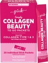 PINK Collagen Powder to Go | 20 Travel Packets | Unflavored Powder Type 1 & 3 | Gluten Free & Non-GMO Grass Fed Peptides