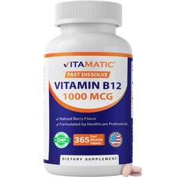 Vitamatic Vitamin B12 1000 mcg, 365 Fast Dissolve Tablets, Made in USA